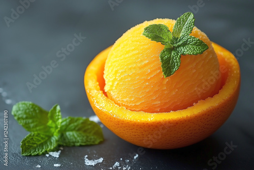 A refreshing scoop of orange sorbet served inside a hollowed-out orange, garnished with mint leaves for a vibrant summer treat