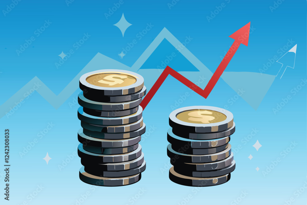 Create a vector illustration depicting inflation and deflation, contrasting rising and falling prices visually using symbolic imagery like expanding and shrinking coins or price tags. Create a vector illustration depicting inflation and deflation, contrasting rising and falling prices visually using symbolic imagery like expanding and shrinking coins or price tags.