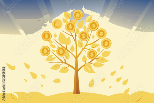 Create a vibrant vector illustration depicting passive income streams, symbolized by a flowing stream of coins accumulating into a large pile.  Focus on a clean, modern aesthetic.