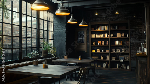 Rustic Coffee Shop with Bookshelf and Cozy Seating. AI Generated Images

 photo