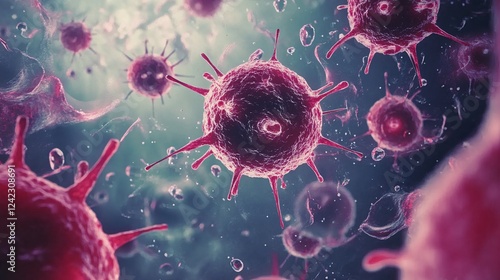 Microscopic view of virus cells attacking the body