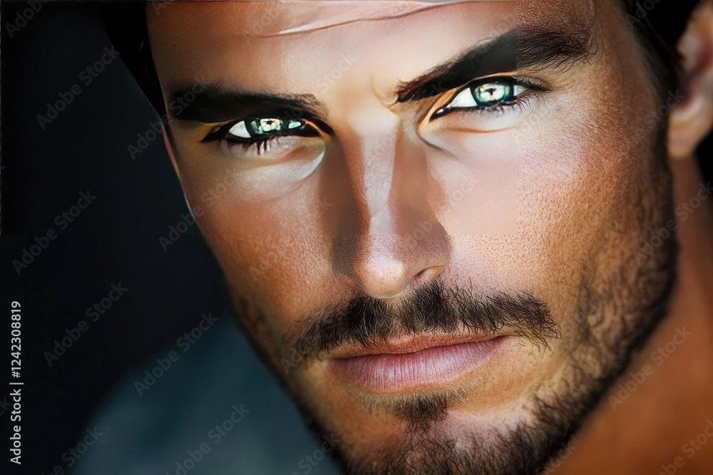 Fototapeta premium A Close Up Portrait Of A Man With Striking Green Eyes