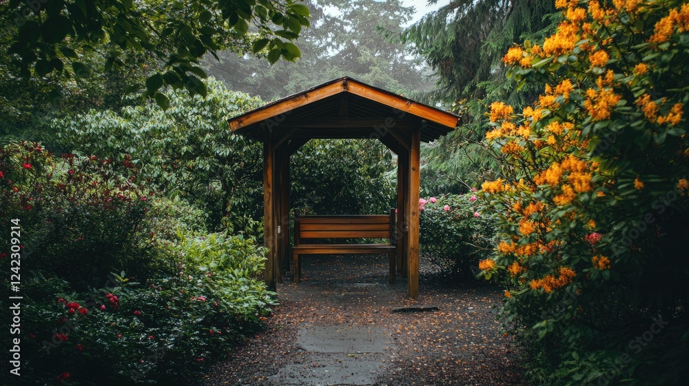 Cozy wooden pavilion surrounded by lush green trees and flowers. Cozy wooden pavilion surrounded by lush green trees and flowers.