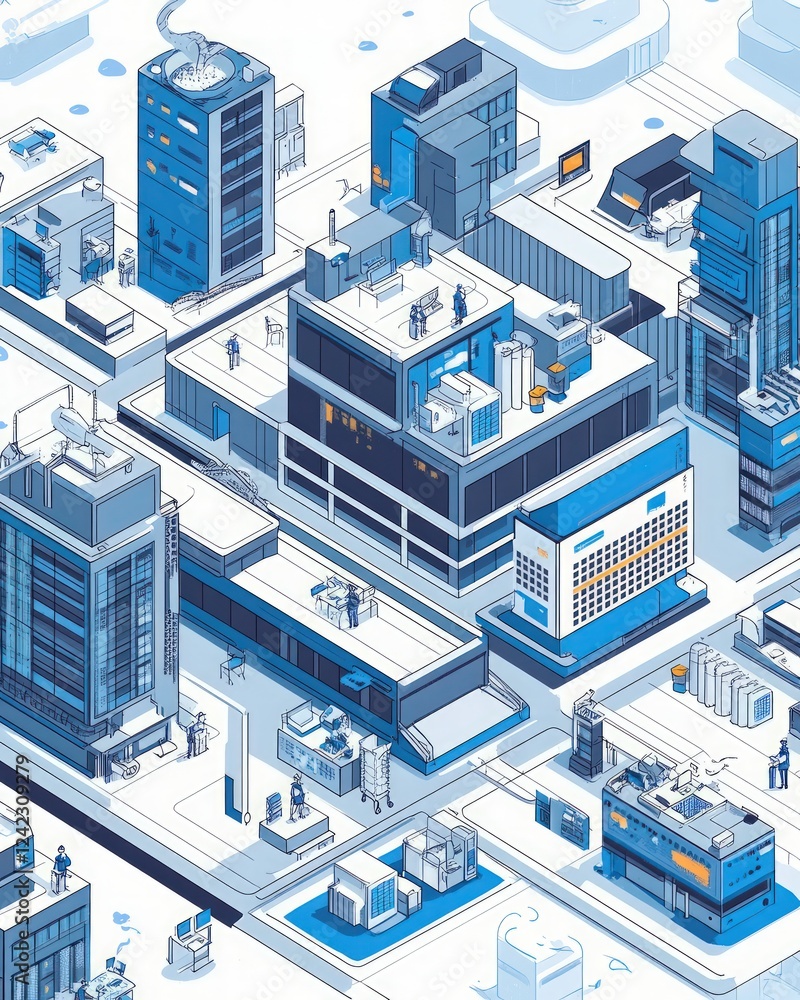 Isometric Illustration of a Modern Cityscape with High-Tech Buildings and Infrastructure. Isometric Illustration of a Modern Cityscape with High-Tech Buildings and Infrastructure.