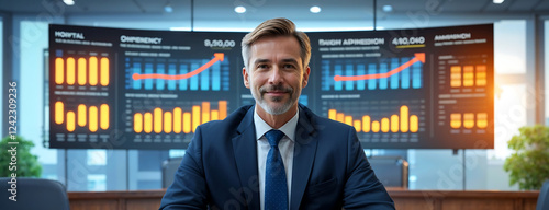 Hospital Director Overseeing Medical Facility with Digital Graphics for Efficient Healthcare Solutions