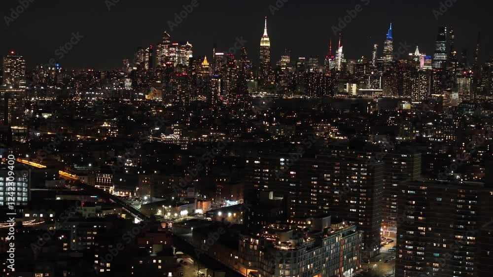 Aerial view of the New York City skyline at night