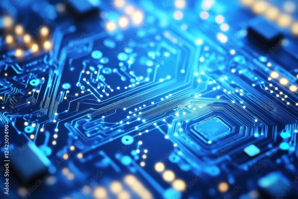 Glowing microchip circuit board. Technology abstract. Computing. Close-up. For science and engineering use Glowing microchip circuit board. Technology abstract. Computing. Close-up. For science and engineering use