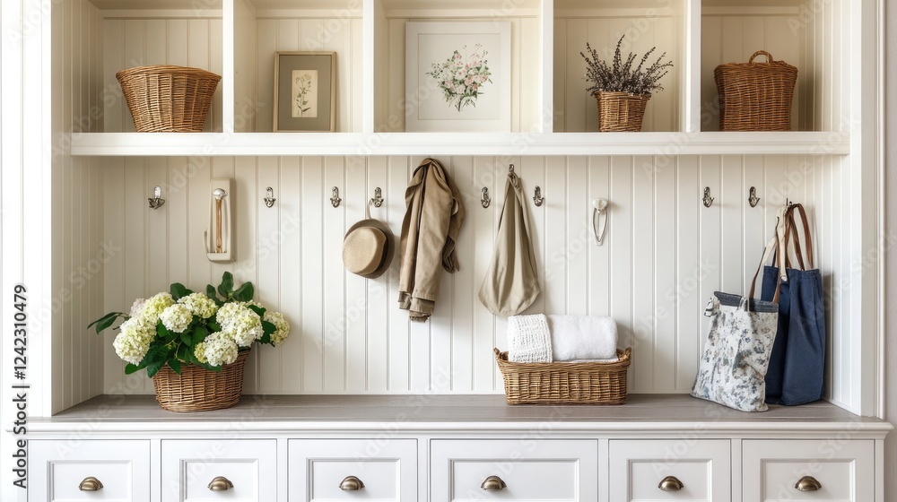 Fototapeta premium Functional built-in mudroom storage with coat hooks and cubbies.