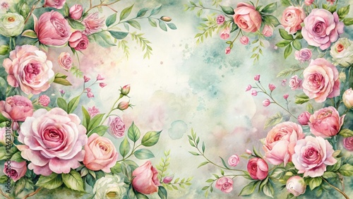 Surreal Floral Frame with Pink Mini Roses - Digital Watercolor Design Template for Stunning Artwork and Invitations