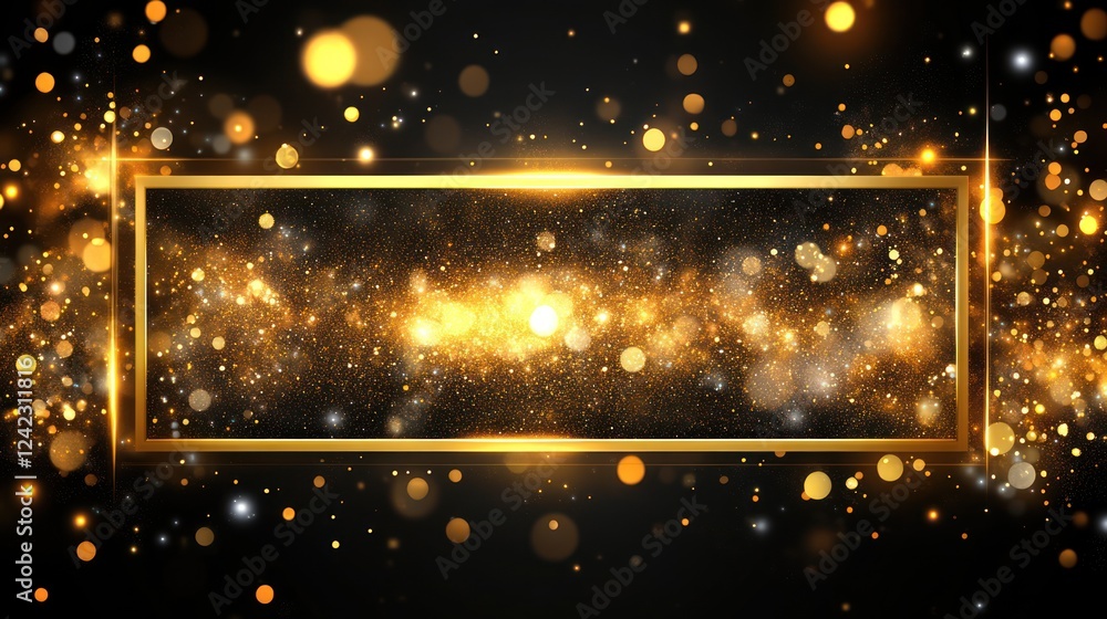 Obraz premium Golden glitter frame on black background with bokeh lights.