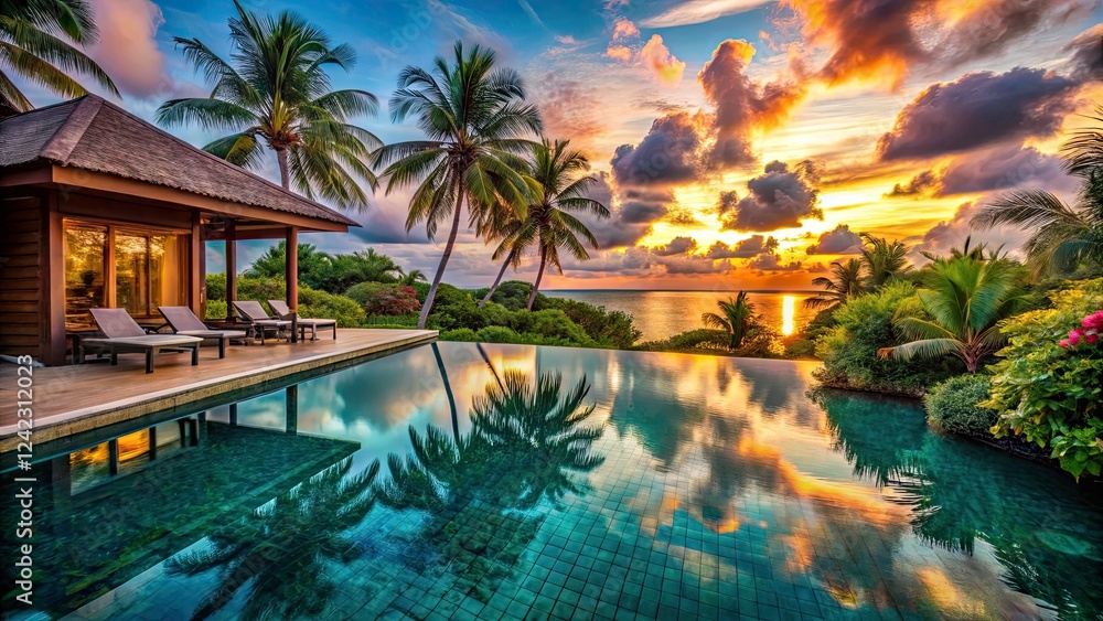 Fototapeta premium Tranquil Lagoon Villa in Turquoise Waters: The Ultimate Tropical Getaway with Exotic Serenity and Island Vibes for Relaxation and Rejuvenation