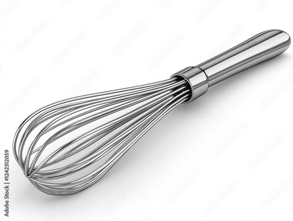 Metal whisk isolated on plain white background; cooking use, shadows