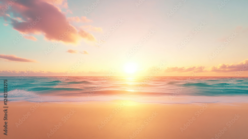 serene beach at sunset with soft golden sand and gentle waves. vibrant colors of sky reflect on water, creating peaceful atmosphere serene beach at sunset with soft golden sand and gentle waves. vibrant colors of sky reflect on water, creating peaceful atmosphere