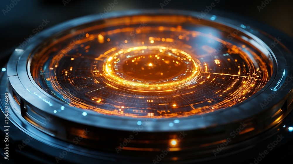 Futuristic glowing circular interface displaying dynamic data in a high-tech laboratory setting Futuristic glowing circular interface displaying dynamic data in a high-tech laboratory setting