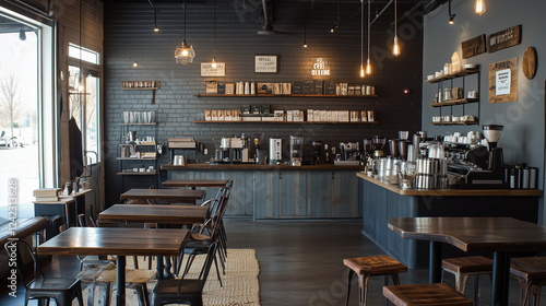Cozy Coffee Shop Interior with Wooden Tables and Barista Area. AI Generated Images

