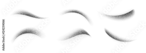 Stippled curved brush stroke set. Wavy grainy spray element collection. Black flowing sand splashes pack. Dotted noise gradient shades bundle. Splattered dust particle texture waves. Vector
