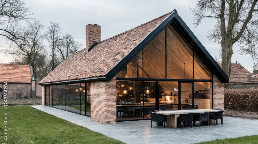 Modern minimalist pavilion with sleek glass walls and wooden beams. Modern minimalist pavilion with sleek glass walls and wooden beams.