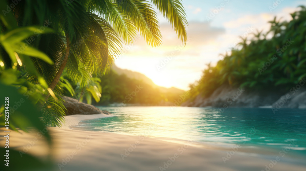 serene beach scene with palm trees and turquoise water, illuminated by warm sunset. tranquil atmosphere invites relaxation and escape into nature beauty serene beach scene with palm trees and turquoise water, illuminated by warm sunset. tranquil atmosphere invites relaxation and escape into nature beauty