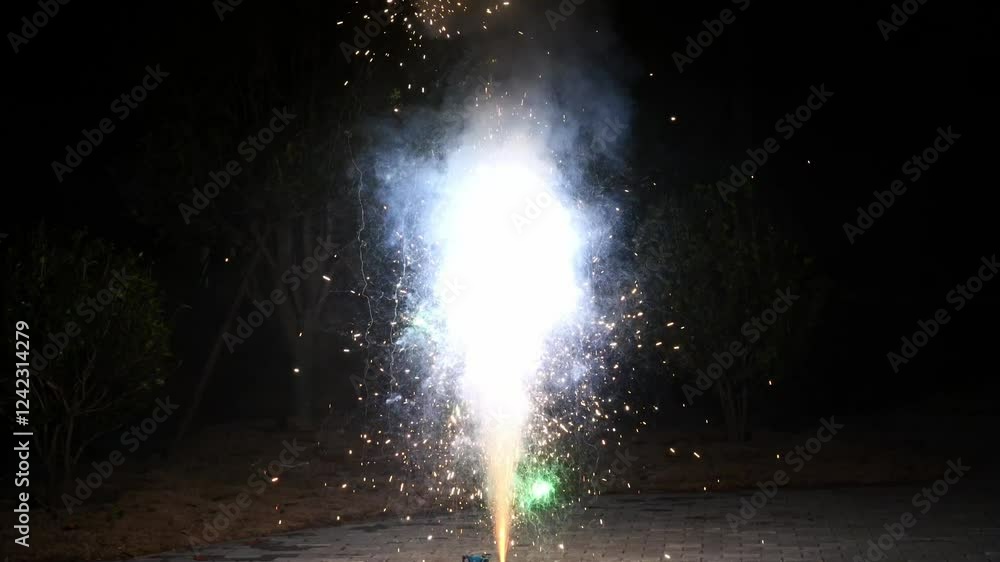 Box fireworks streamed gold and white sparks, a traditional way to celebrate the New Year in China. Box fireworks streamed gold and white sparks, a traditional way to celebrate the New Year in China.