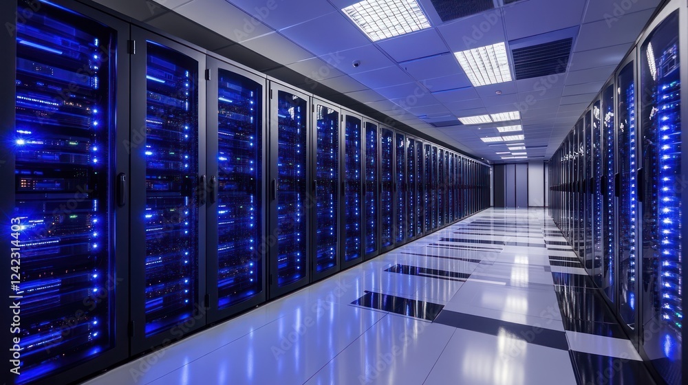 Fototapeta premium Modern server room with rows of lit racks.