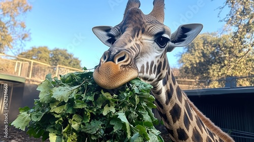 Close-up of a giraffe eating leaves. photo
