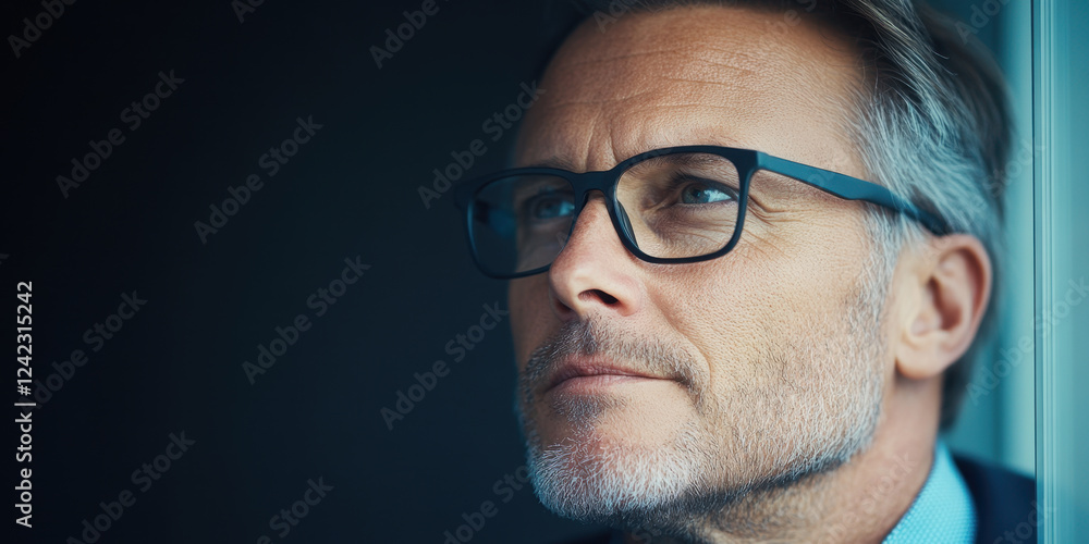 Thoughtful man looking out window, wearing glasses, deep in contemplation. His expression reflects moment of reflection and focus on future possibilities Thoughtful man looking out window, wearing glasses, deep in contemplation. His expression reflects moment of reflection and focus on future possibilities