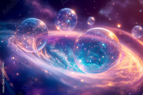 A surreal cosmic bubble background featuring galaxy colors, nebula-inspired swirls, and floating celestial bubbles
