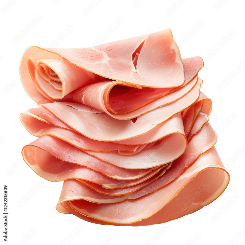 Sliced deli meat stacked neatly, showcasing its smooth texture and pink hue. Perfect for sandwiches or charcuterie boards, this meat adds flavor and variety to meals Sliced deli meat stacked neatly, showcasing its smooth texture and pink hue. Perfect for sandwiches or charcuterie boards, this meat adds flavor and variety to meals