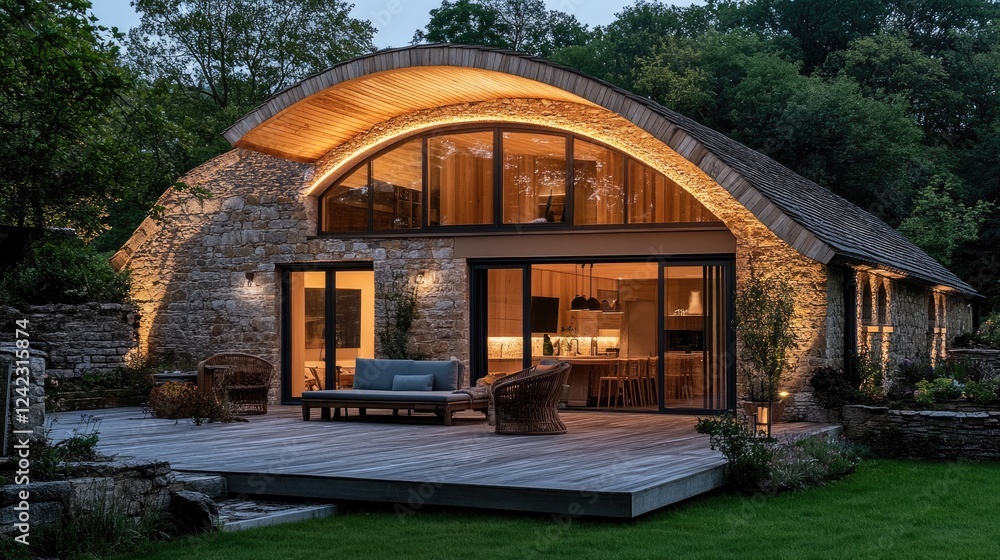 Outdoor wooden deck with a curved roof extension and soft lighting. Outdoor wooden deck with a curved roof extension and soft lighting.