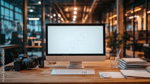 Creative Office Desk with Computer, Camera, and Notebooks. AI Generated Images

 photo