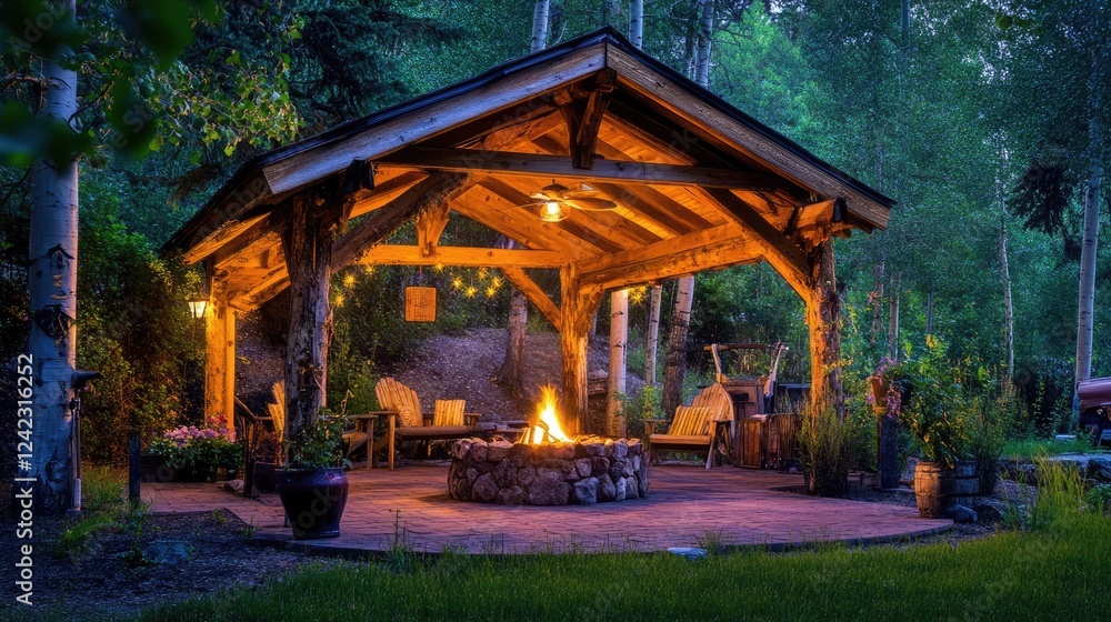 Pavilion with a fire pit in the center, creating a cozy atmosphere.