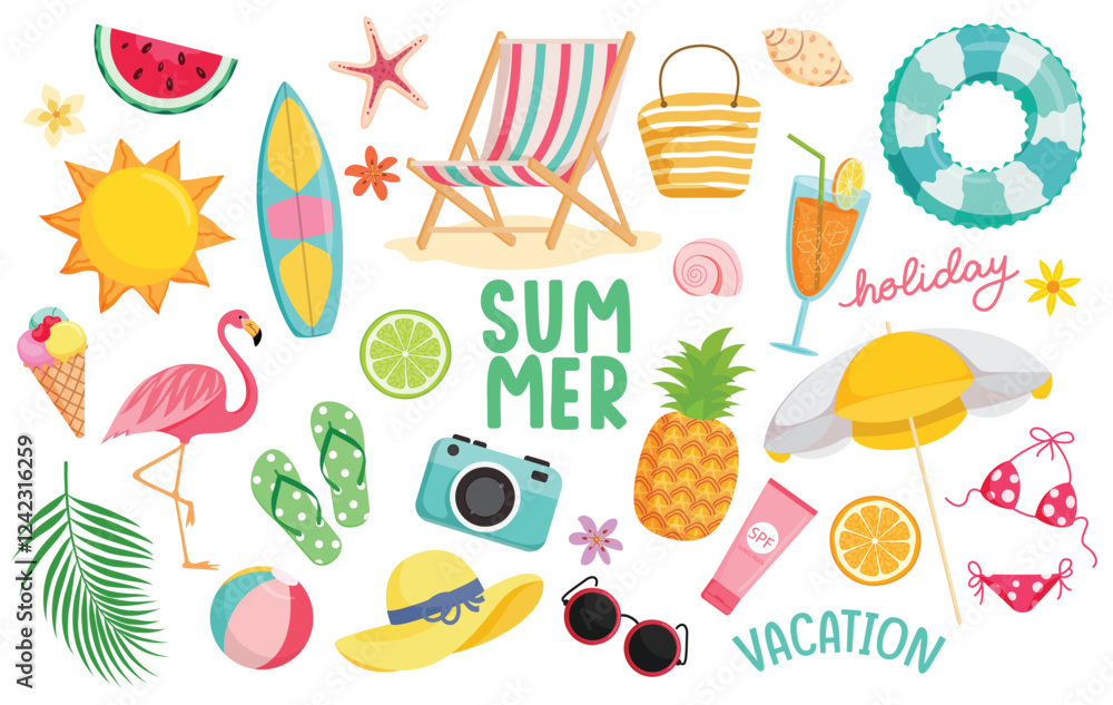Summer elements icon clipart set. Summer graphic element colorful clip art like flamingo, sun, chair and floaters sign and symbol collection vector illustration.
Summer elements icon clipart set. Summer graphic element colorful clip art like flamingo, sun, chair and floaters sign and symbol collection vector illustration.
