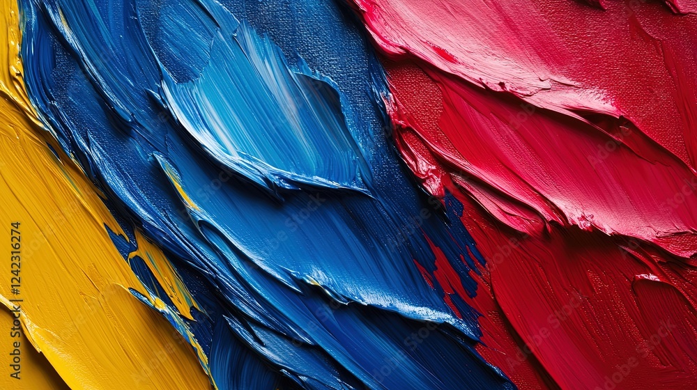 Obraz premium An expressive oil-painted background with chaotic yet harmonious brushstrokes in primary colors,