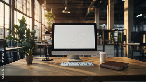 Stylish Office Desk with Computer, Plant, and Coffee. AI Generated Images

 photo