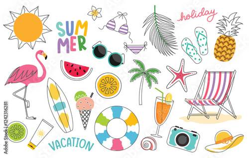 Summer elements drawing clipart set. Tropical graphic elements outline for cards icon, sign and symbol clip art collection vector illustration. 
