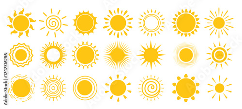 Sun icon yellow clipart set. Sun drawing logo and symbol clip art with variety of sunrays in yellow graphic elements collection vector illustration.  
