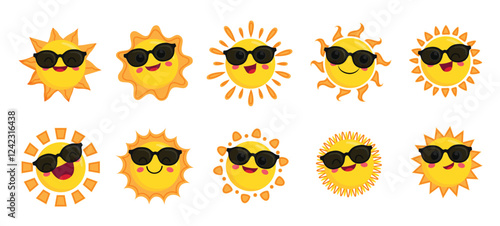 Sun face sunglasses clipart set. Yellow sun drawing characters wearing sunglasses clip art collection in cool and happy facial expression vector illustration.  
