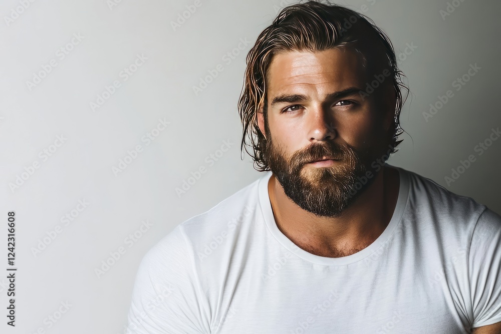 A Portrait of a Man with a Beard and Wet Hair