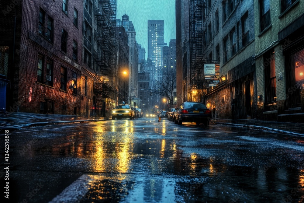 Rainy night city street, urban scene, reflections, background skyscrapers, wallpaper Rainy night city street, urban scene, reflections, background skyscrapers, wallpaper