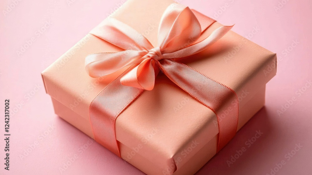 Obraz premium A neatly wrapped gift box with a ribbon on a pastel background.