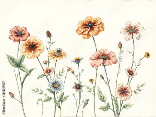 Antique Botanical Illustrations: Garden Flora on Aged Parchment