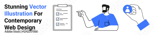 Clipboard with checkboxes, person pointing, and hand holding profile icon. Ideal for teamwork, planning, user focus, collaboration, profiles, user interface flat landing page banner