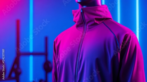 Vibrant athletic apparel displayed on a mannequin in a modern gym setting with neon lighting photo