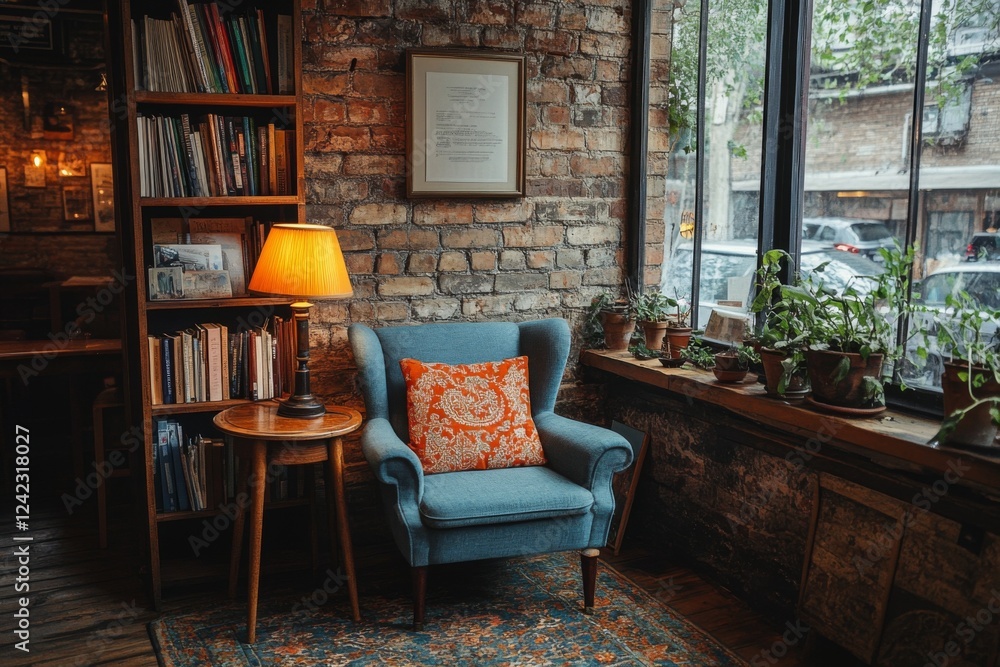Cozy café interior with bookshelves and warm lighting Cozy café interior with bookshelves and warm lighting