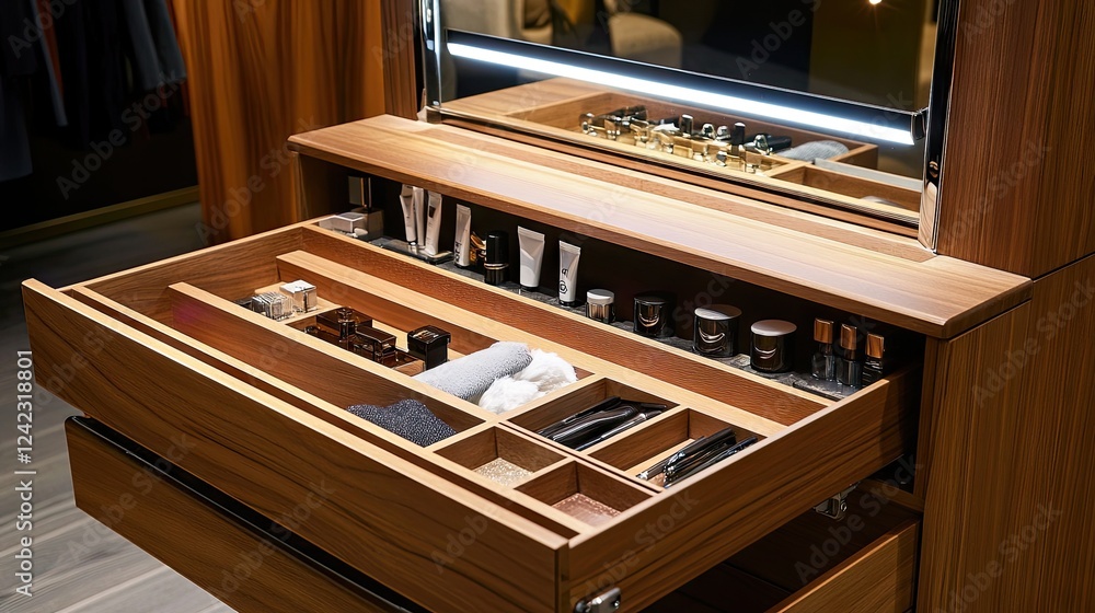 Sleek built-in dressing table with LED mirror and drawers. Sleek built-in dressing table with LED mirror and drawers.