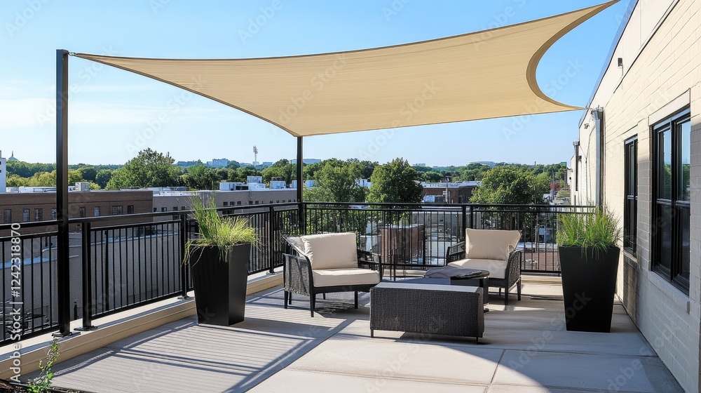 Fototapeta premium Sleek urban rooftop lounge with an extended shade canopy.