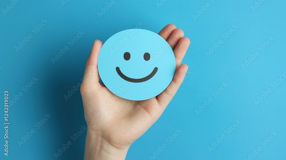 Hand holding happy face, blue background, positive feedback concept, website design