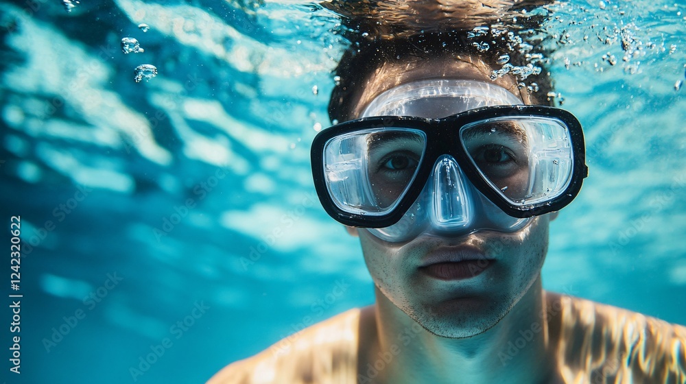 Naklejka premium Young man wearing diving mask swimming underwater in the sea