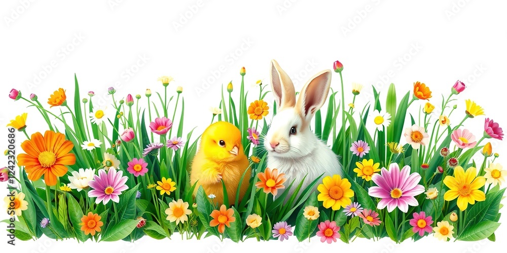 Fototapeta premium Easter's Garden Hideaway: Bunnies and Chicks Amidst Blooms