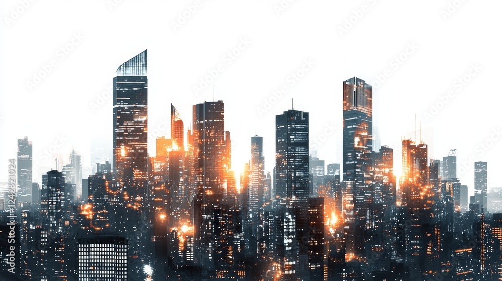 Fototapeta premium Urban Skyline with Glowing Lights at Dusk, Modern Architecture, Cityscape, High Rise Buildings, Urban Landscape for Stock Photography